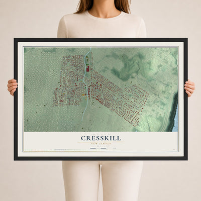 Cresskill, New Jersey map print, 24" x 36" W/ Black Ayous Wood Frame mockup