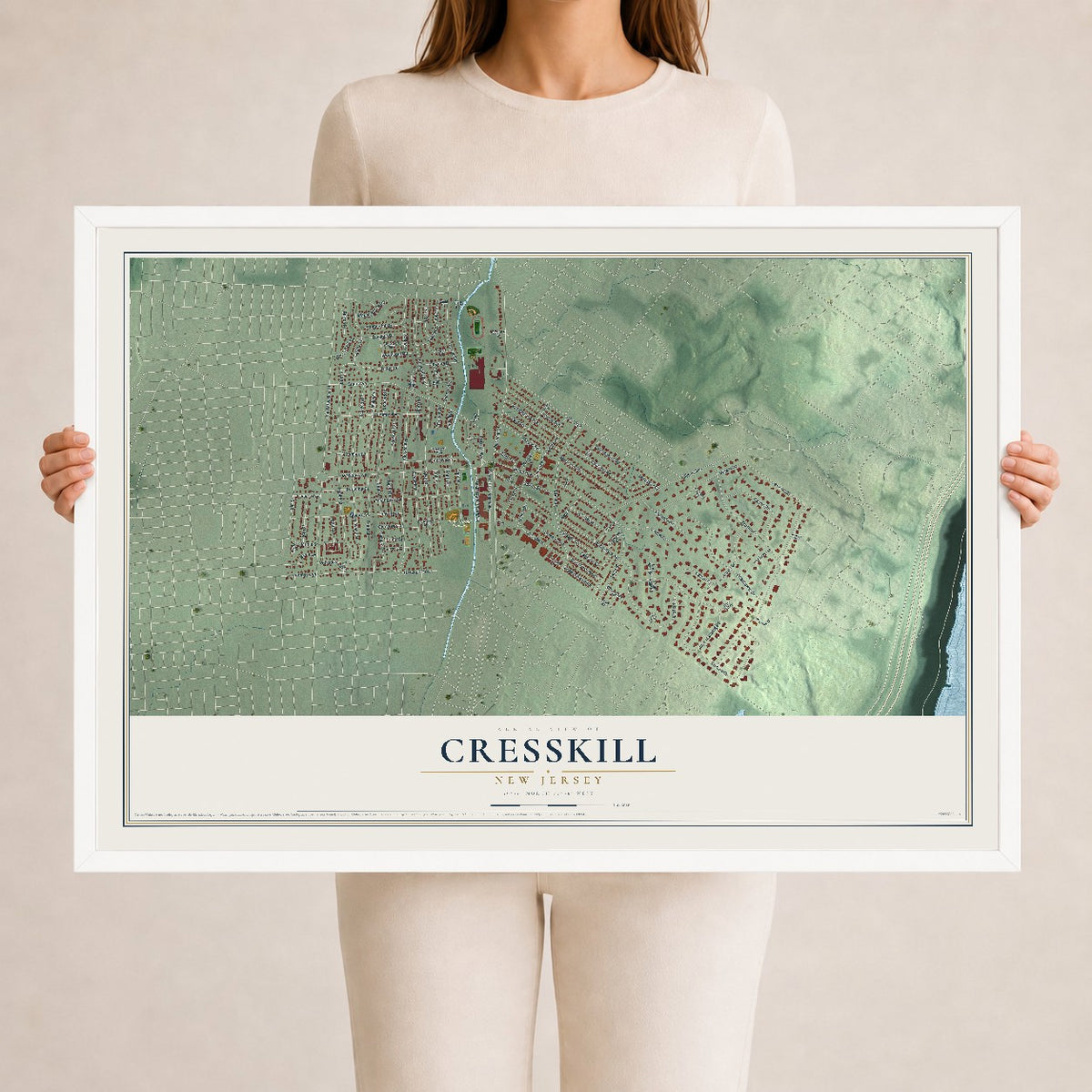 Cresskill, New Jersey map print, 24" x 36" W/ White Ayous Wood Frame mockup