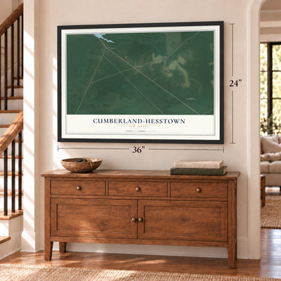 Cumberland-Hesstown, New Jersey map, 24 x 36 inch print in a black frame above a dresser by a staircase