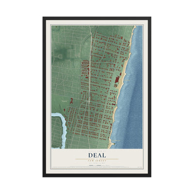 Deal, New Jersey map print, 12" x 18" W/ Black Ayous Wood Frame mockup