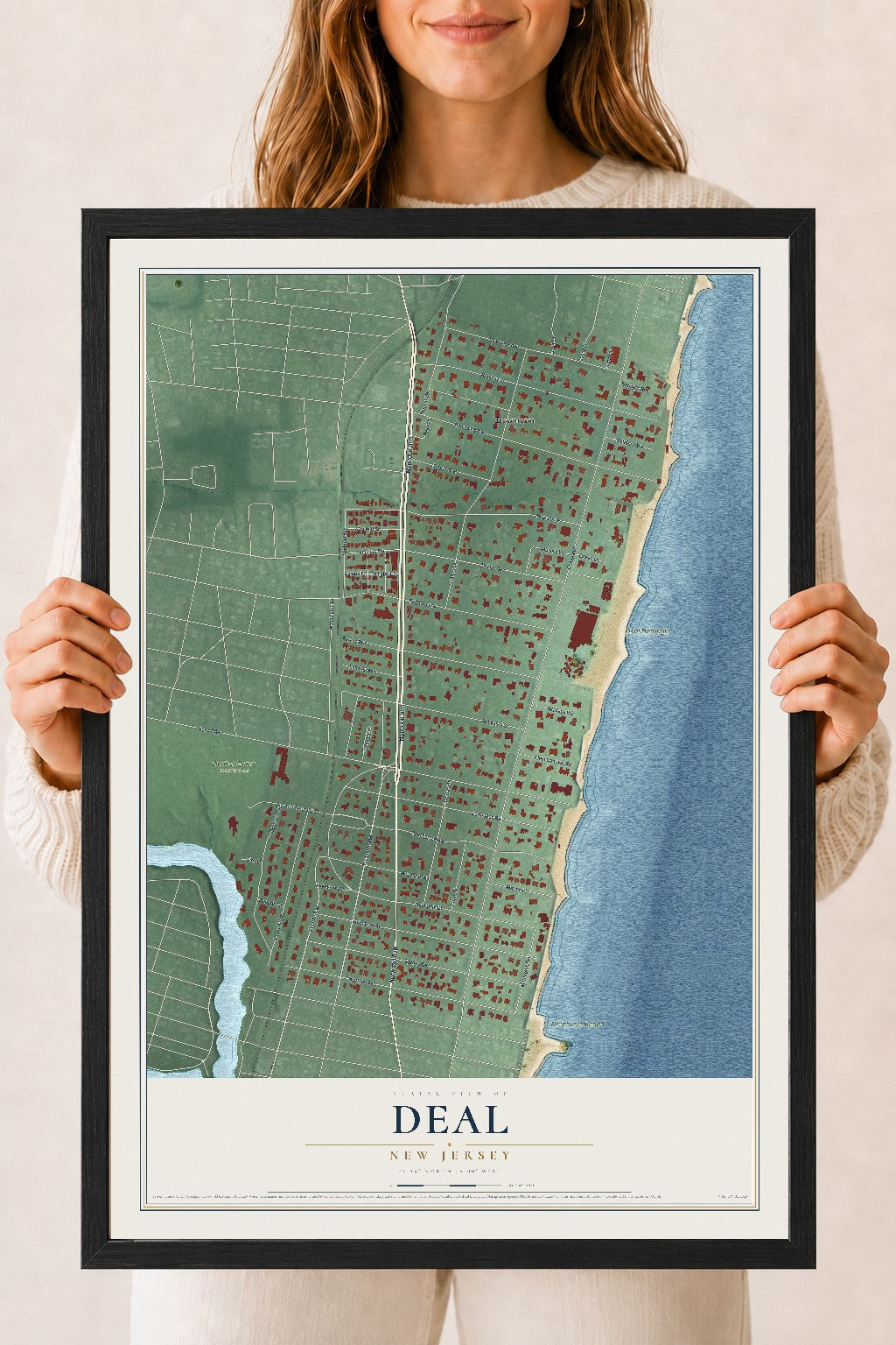 Deal, New Jersey map print, 18" x 24" W/ Black Ayous Wood Frame mockup