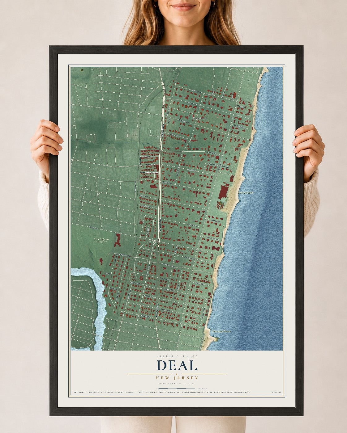 Deal, New Jersey map print, 24" x 36" W/ Black Ayous Wood Frame mockup