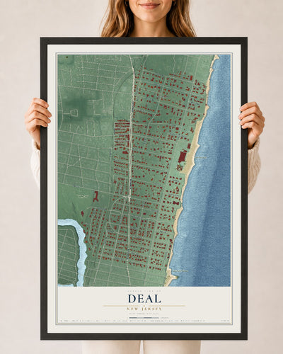 Deal, New Jersey map print, 24" x 36" W/ Black Ayous Wood Frame mockup