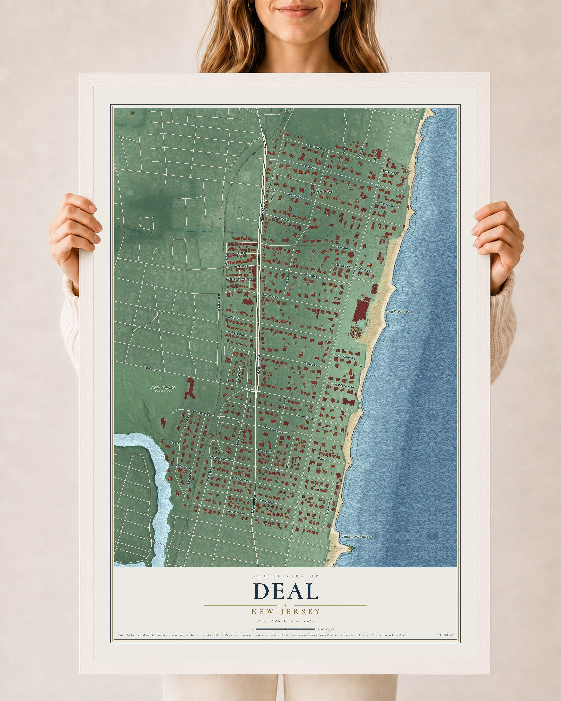 Deal, New Jersey map print, 24" x 36" W/ White Ayous Wood Frame mockup