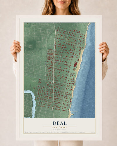 Deal, New Jersey map print, 24" x 36" W/ White Ayous Wood Frame mockup