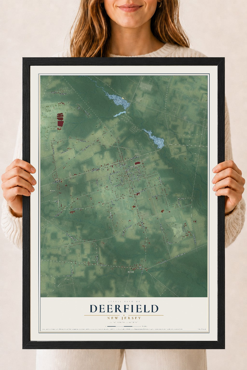 Deerfield, New Jersey map print, 18" x 24" W/ Black Ayous Wood Frame mockup