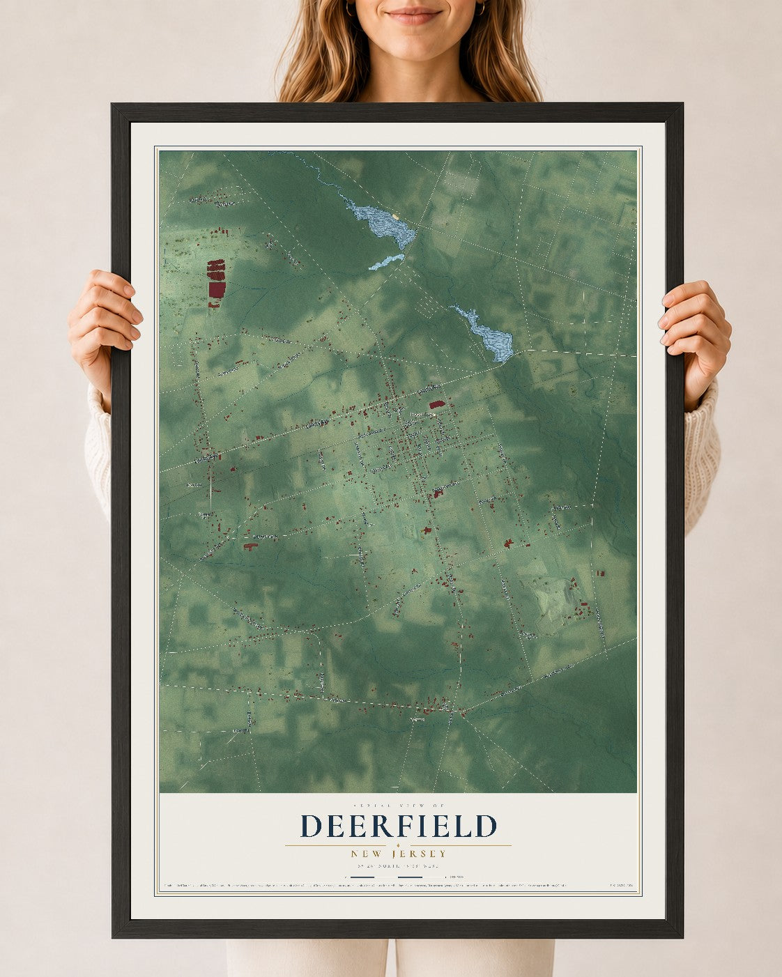 Deerfield, New Jersey map print, 24" x 36" W/ Black Ayous Wood Frame mockup