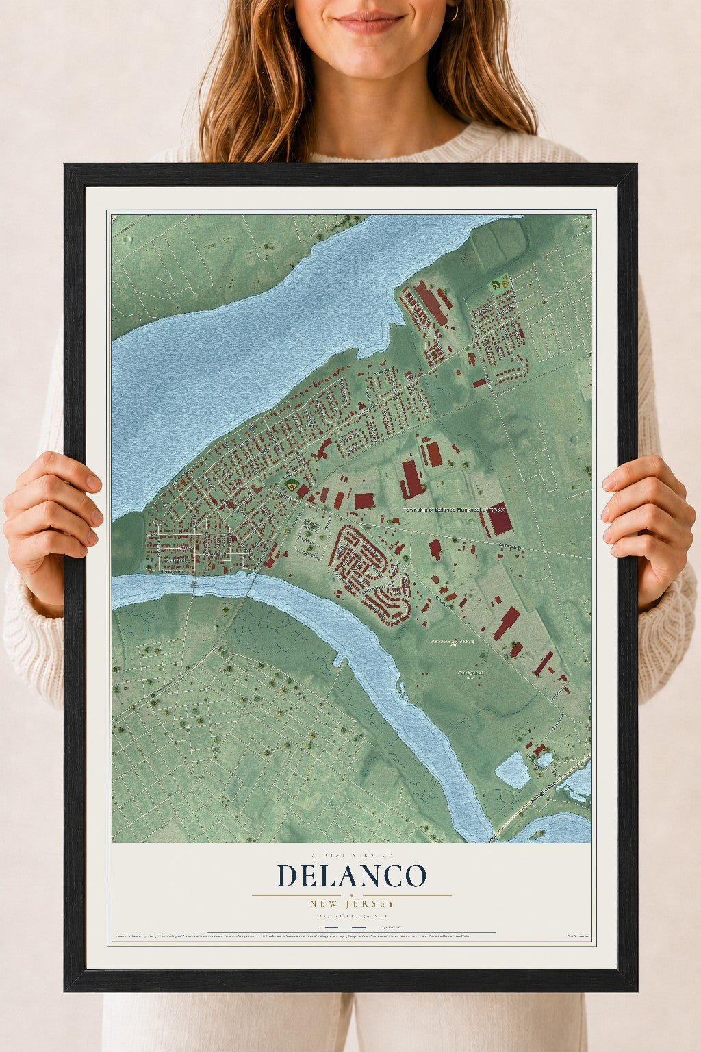 Delanco, New Jersey map print, 18" x 24" W/ Black Ayous Wood Frame mockup