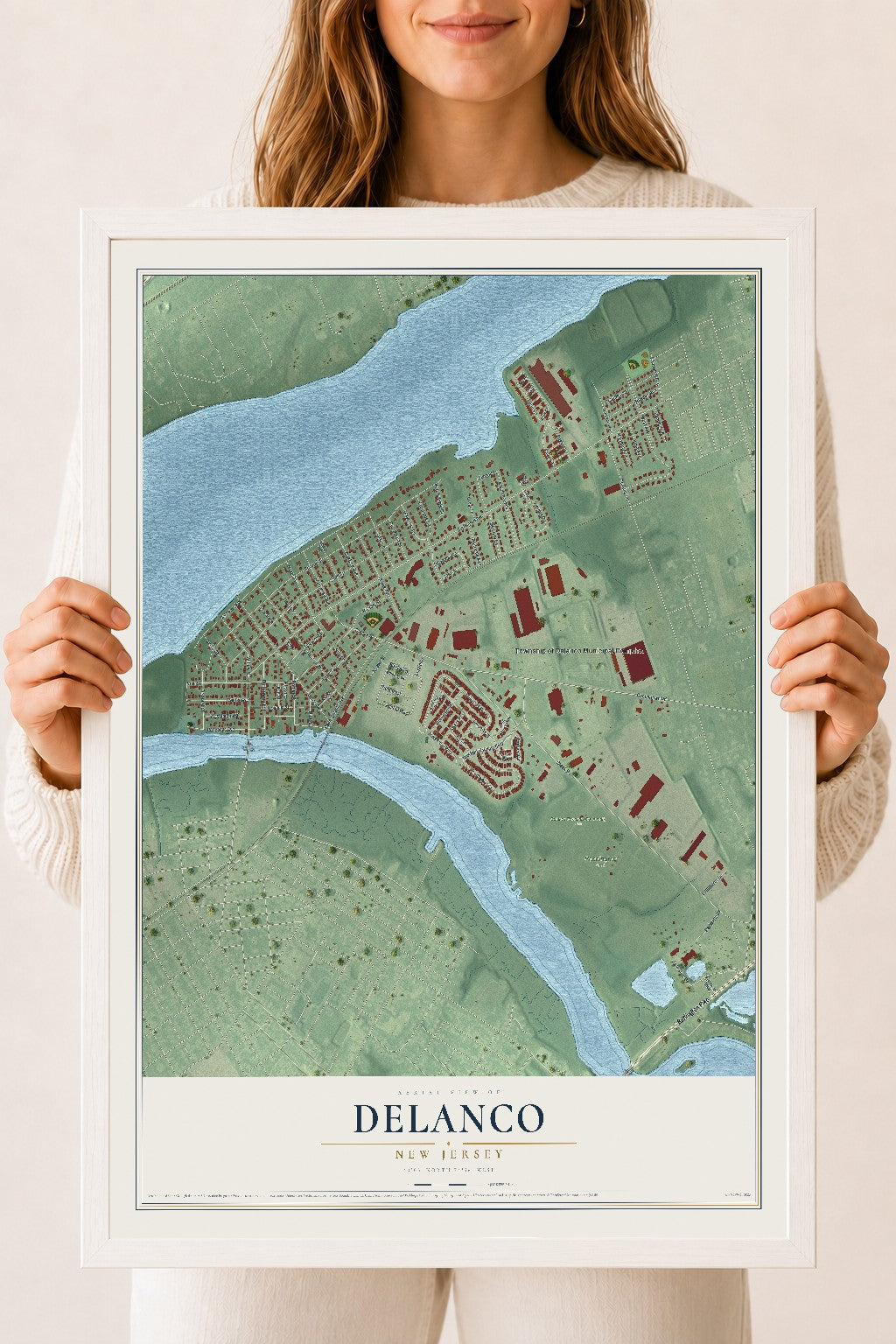 Delanco, New Jersey map print, 18" x 24" W/ White Ayous Wood Frame mockup