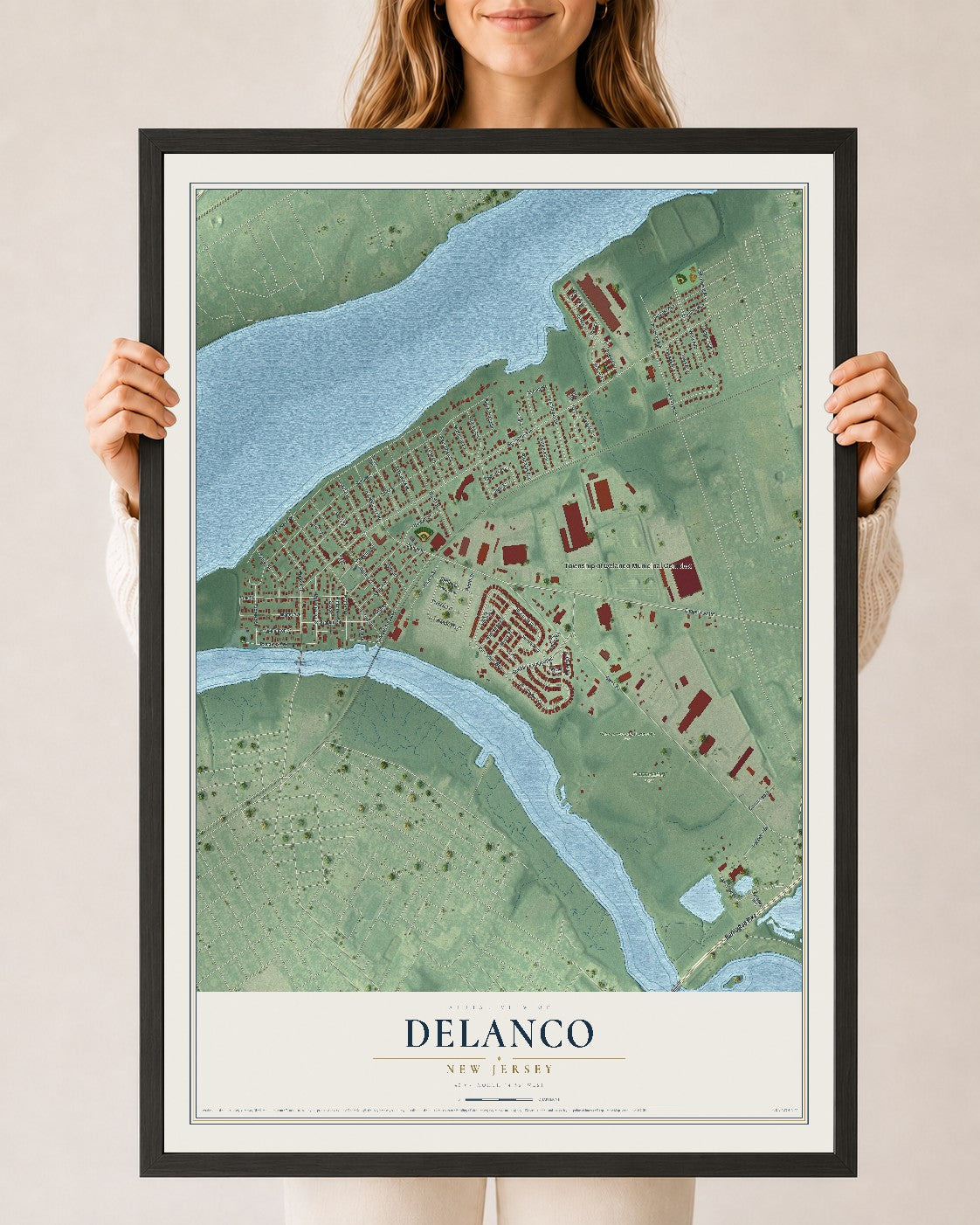 Delanco, New Jersey map print, 24" x 36" W/ Black Ayous Wood Frame mockup