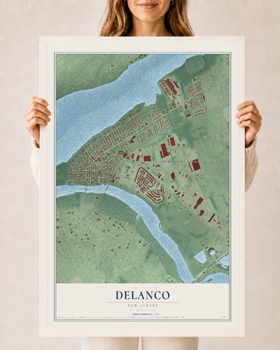 Delanco, New Jersey map print, 24" x 36" W/ White Ayous Wood Frame mockup