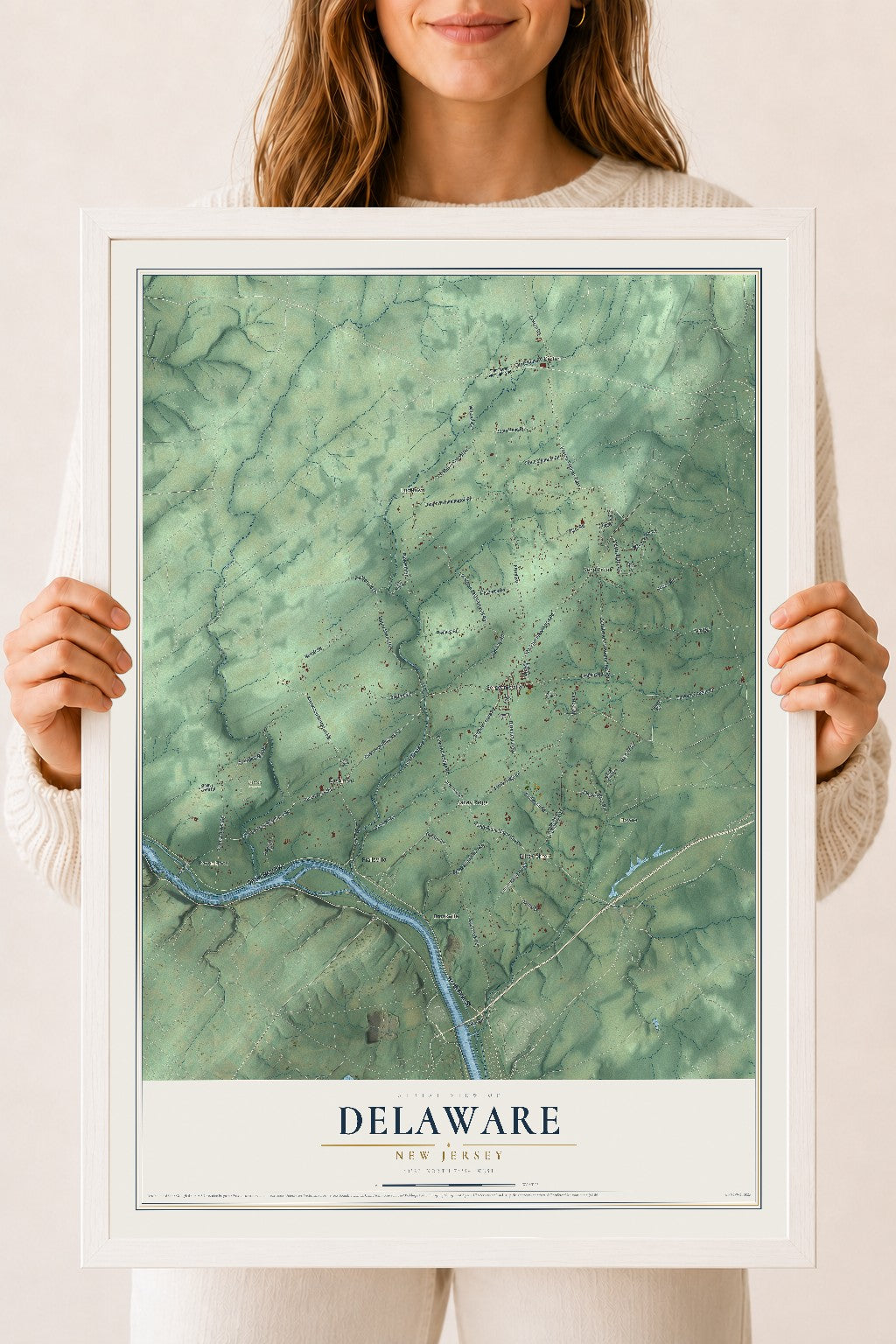 Delaware, New Jersey map print, 18" x 24" W/ White Ayous Wood Frame mockup