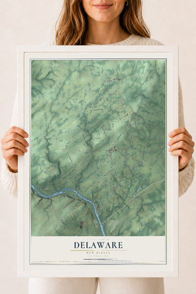 Delaware, New Jersey map print, 18" x 24" W/ White Ayous Wood Frame mockup