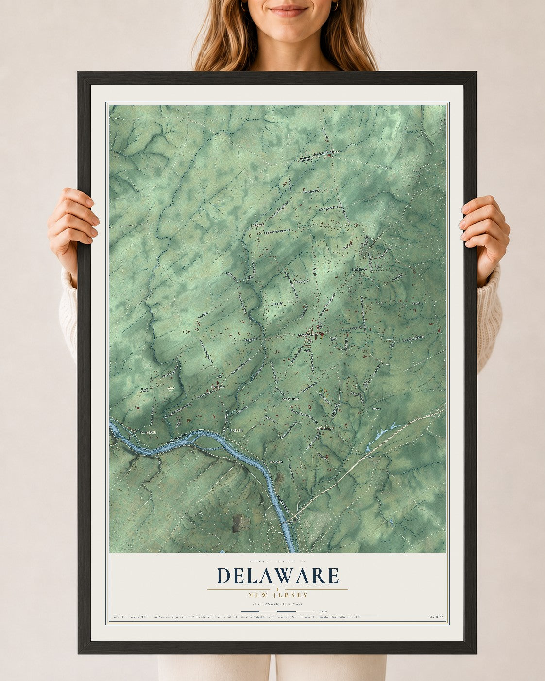 Delaware, New Jersey map print, 24" x 36" W/ Black Ayous Wood Frame mockup
