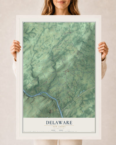 Delaware, New Jersey map print, 24" x 36" W/ White Ayous Wood Frame mockup