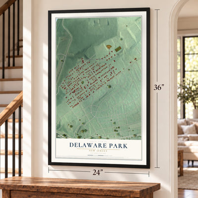 Delaware Park, New Jersey map, 24 x 36 inch print in a black frame by a staircase