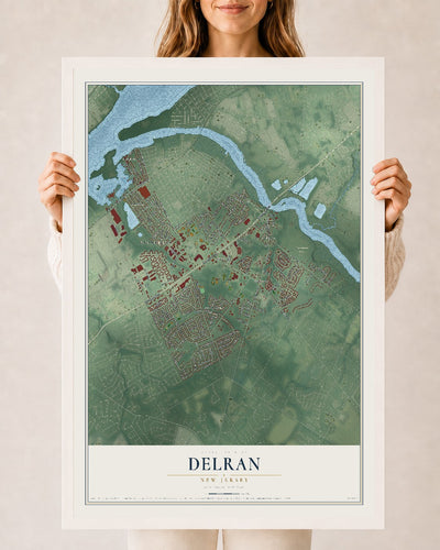 Delran, New Jersey map print, 24" x 36" W/ White Ayous Wood Frame mockup