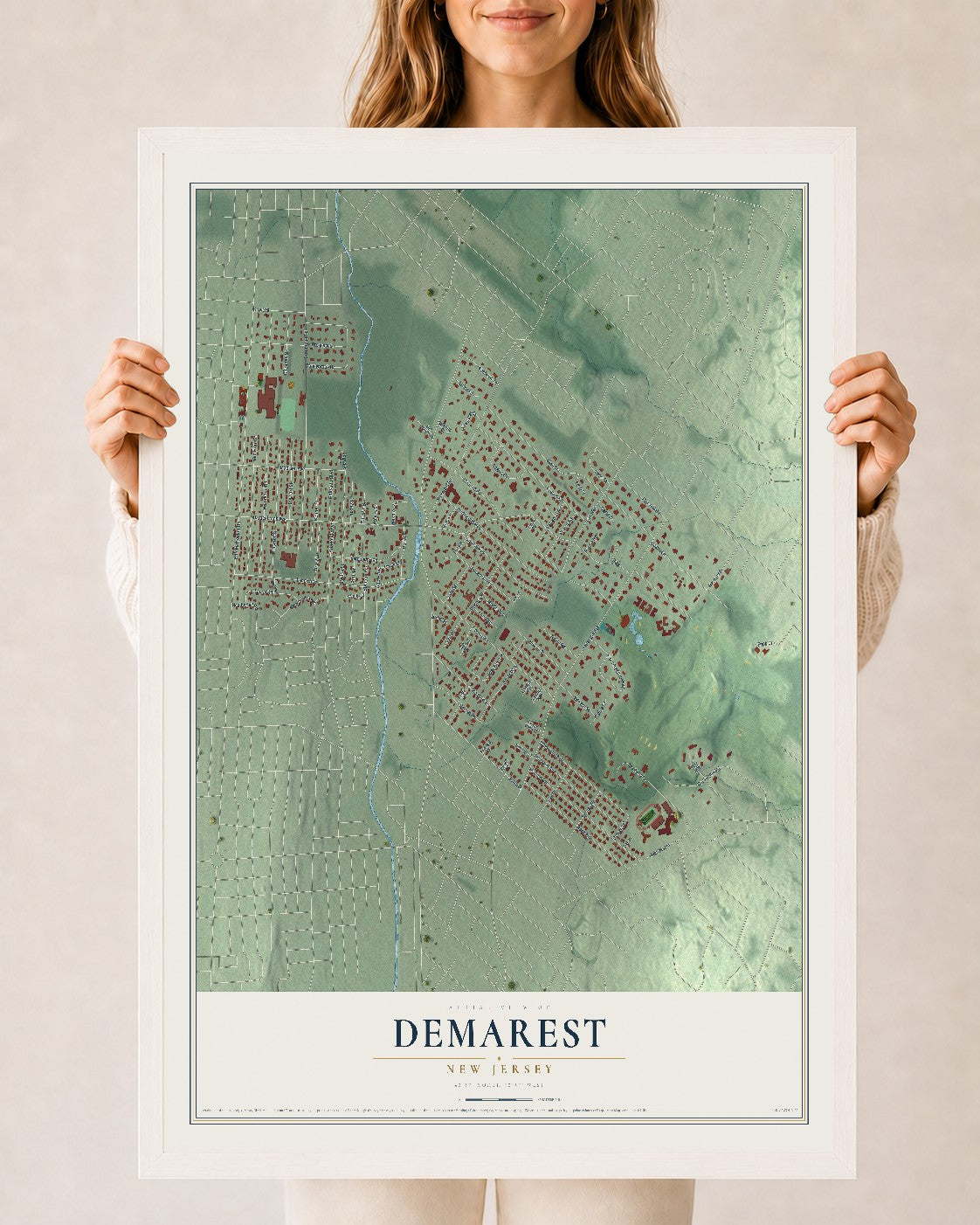 Demarest, New Jersey map print, 24" x 36" W/ White Ayous Wood Frame mockup