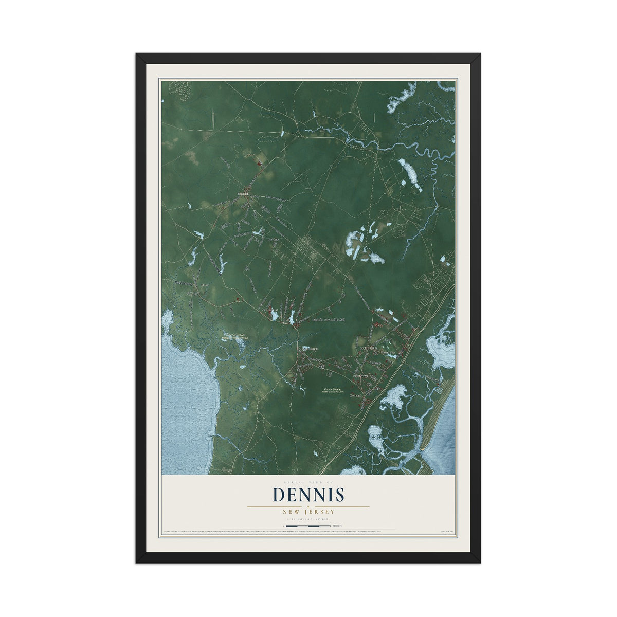 Dennis, New Jersey map print, 12" x 18" W/ Black Ayous Wood Frame mockup
