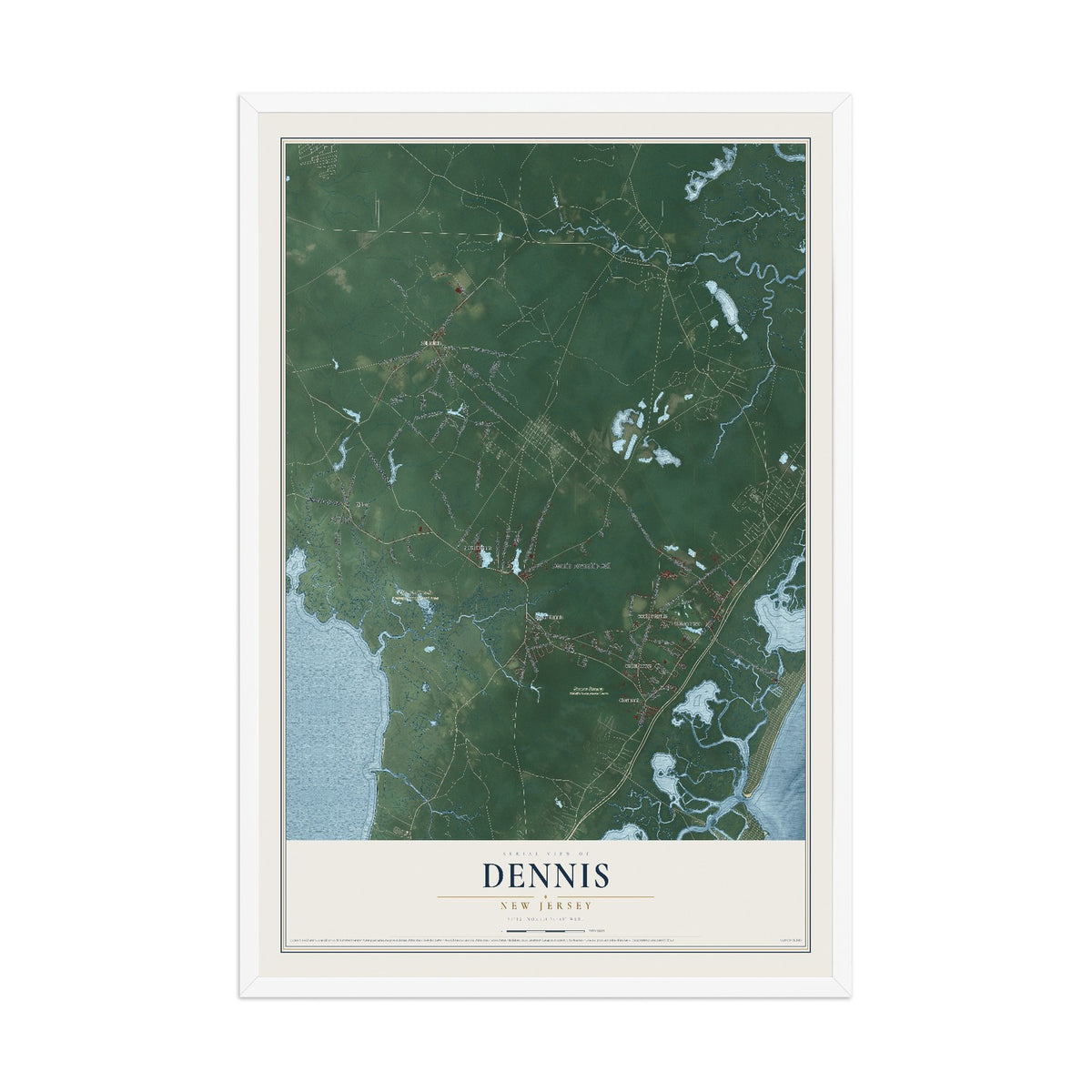 Dennis, New Jersey map print, 12" x 18" W/ White Ayous Wood Frame mockup