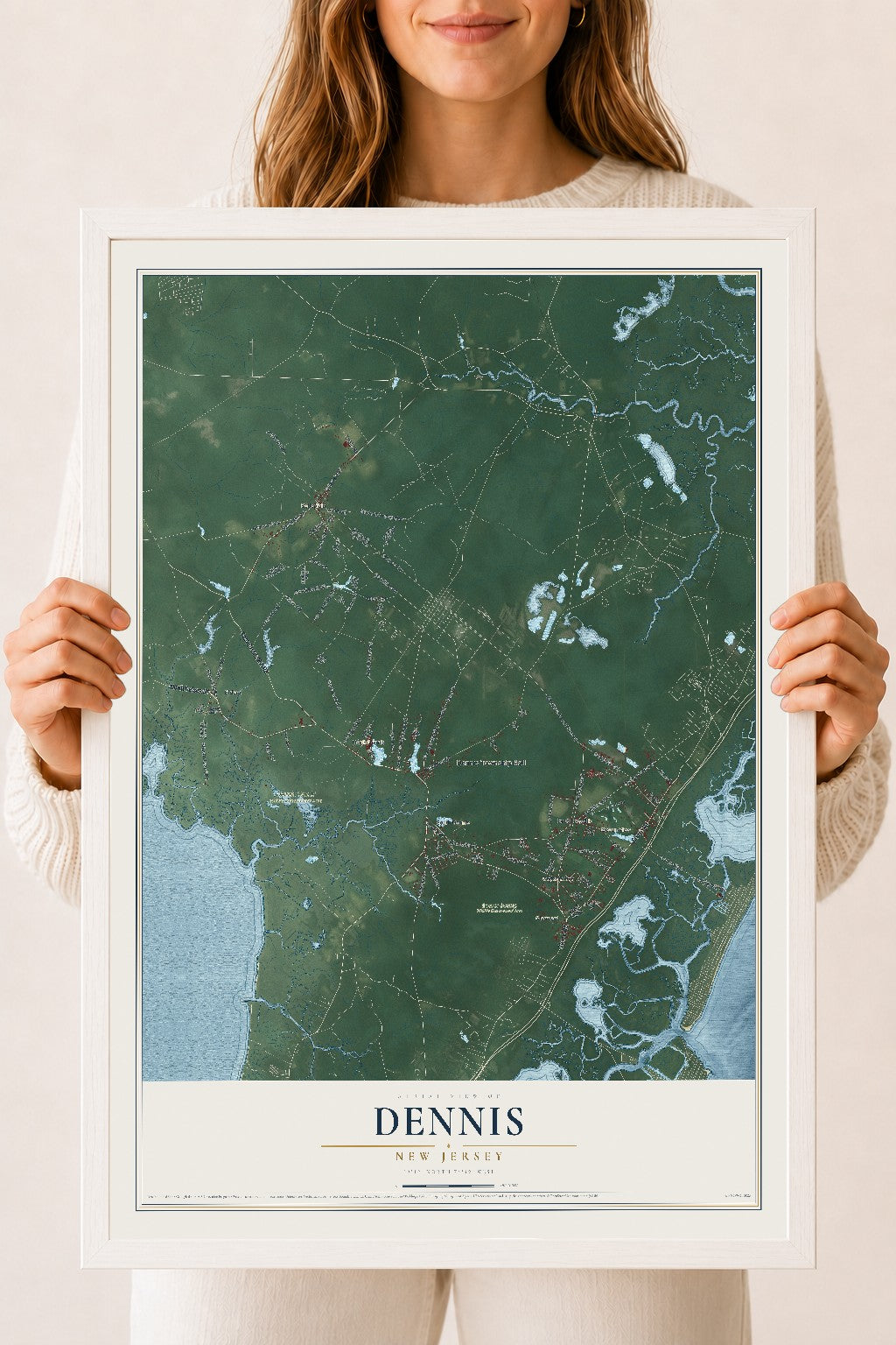Dennis, New Jersey map print, 18" x 24" W/ White Ayous Wood Frame mockup