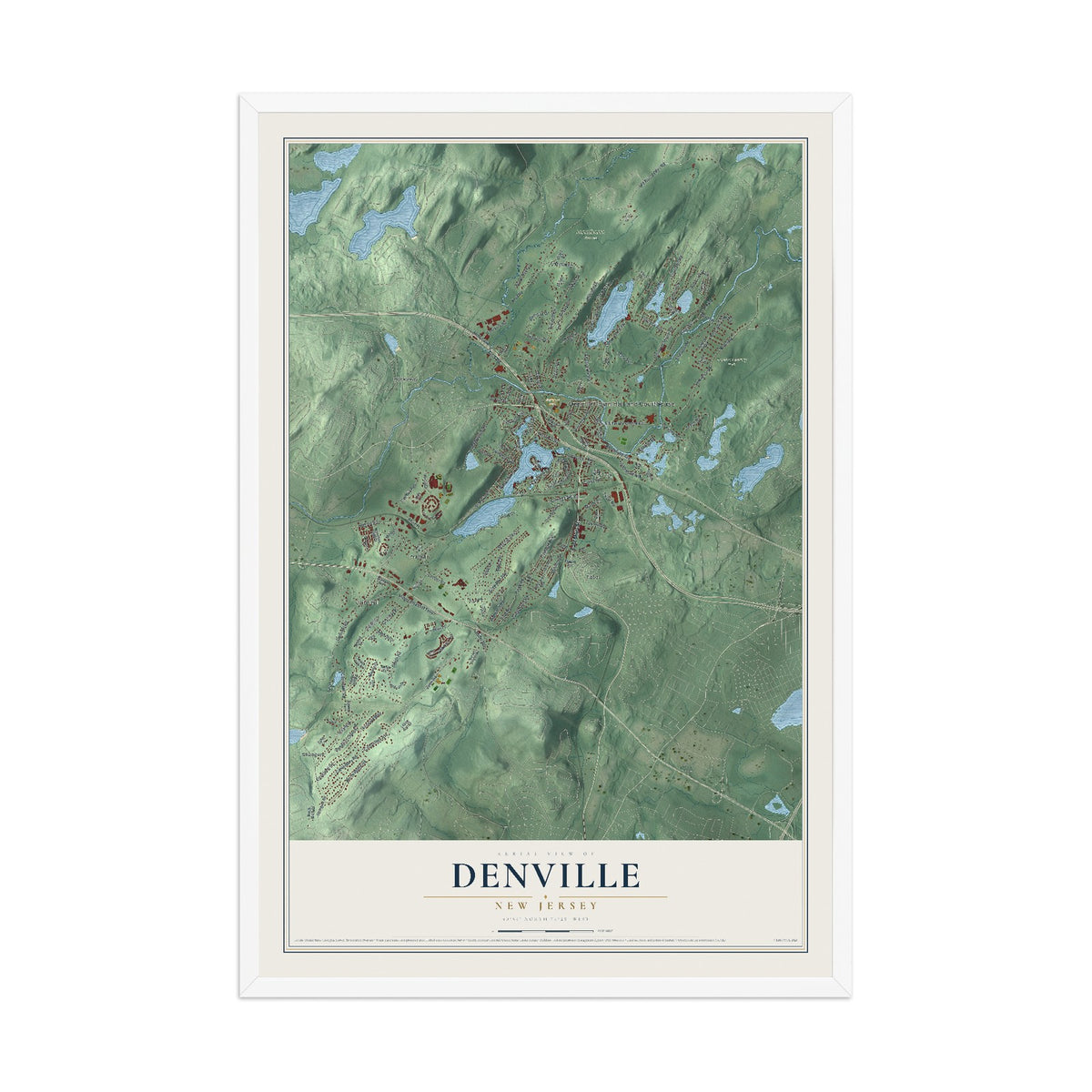 Denville, New Jersey map print, 12" x 18" W/ White Ayous Wood Frame mockup