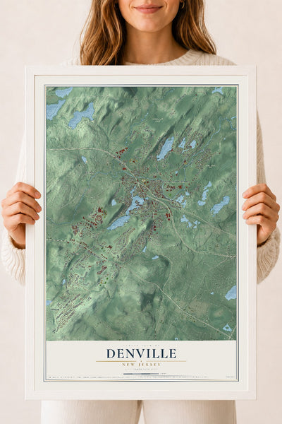 Denville, New Jersey map print, 18" x 24" W/ White Ayous Wood Frame mockup