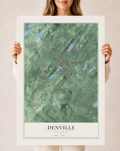 Denville, New Jersey map print, 24" x 36" W/ White Ayous Wood Frame mockup