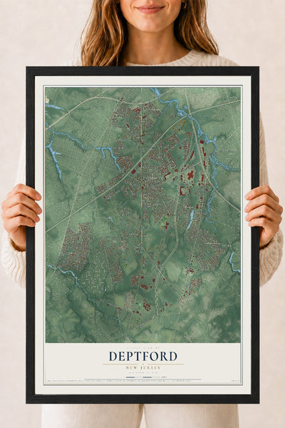 Deptford, New Jersey map print, 18" x 24" W/ Black Ayous Wood Frame mockup