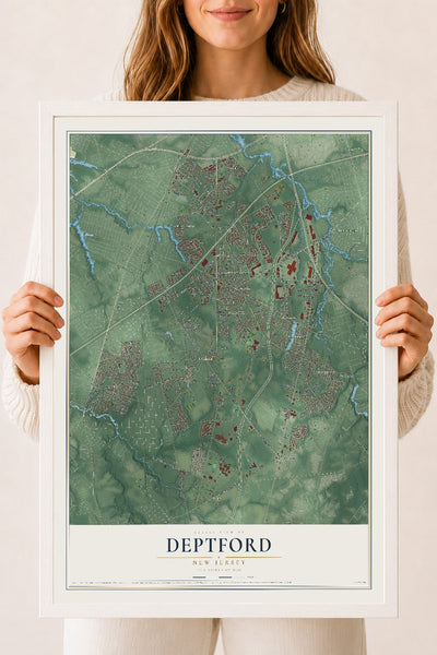 Deptford, New Jersey map print, 18" x 24" W/ White Ayous Wood Frame mockup