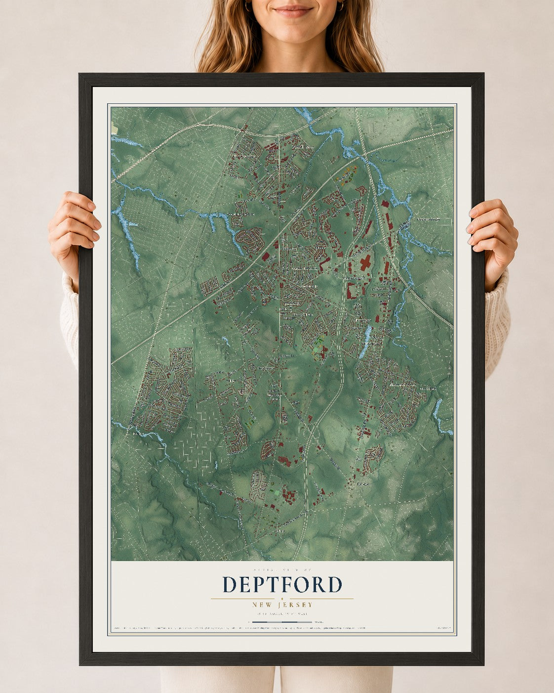 Deptford, New Jersey map print, 24" x 36" W/ Black Ayous Wood Frame mockup