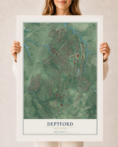 Deptford, New Jersey map print, 24" x 36" W/ White Ayous Wood Frame mockup