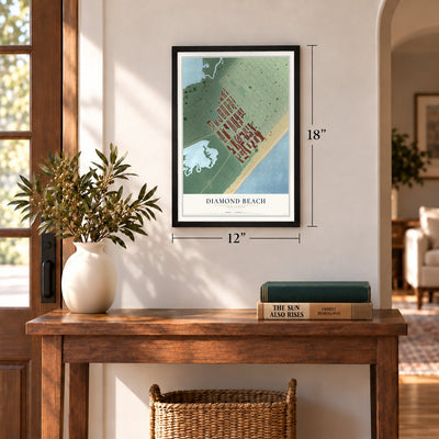 Diamond Beach, New Jersey map, 12 x 18 inch print in a black frame in an entryway