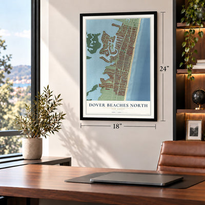Dover Beaches North, New Jersey map, 18 x 24 inch print in a black frame in a home office