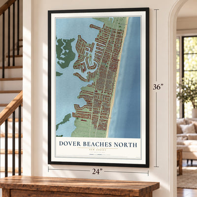 Dover Beaches North, New Jersey map, 24 x 36 inch print in a black frame by a staircase