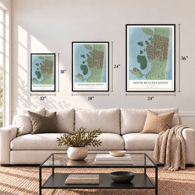 Dover Beaches South, New Jersey map in 12 x 18, 18 x 24 and 24 x 36 inch sizes above a sofa