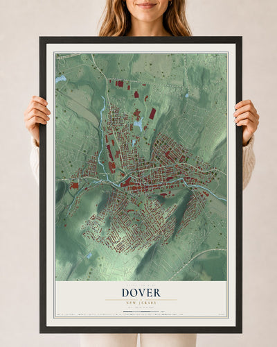 Dover, New Jersey map print, 24" x 36" W/ Black Ayous Wood Frame mockup