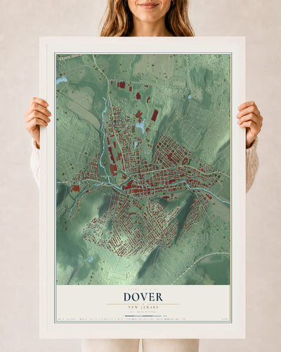 Dover, New Jersey map print, 24" x 36" W/ White Ayous Wood Frame mockup