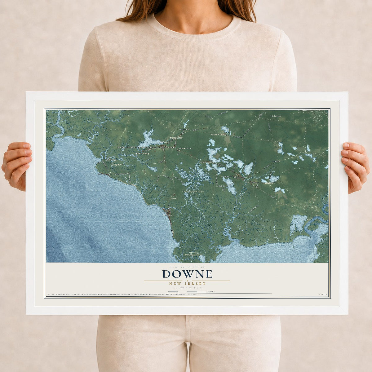 Downe, New Jersey map print, 12" x 18" W/ White Ayous Wood Frame mockup