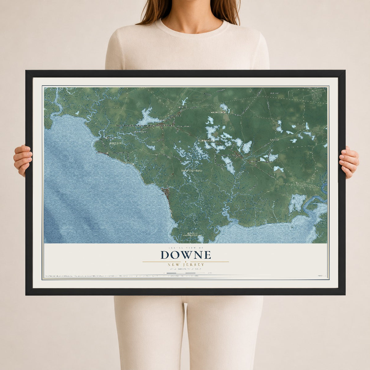 Downe, New Jersey map print, 24" x 36" W/ Black Ayous Wood Frame mockup