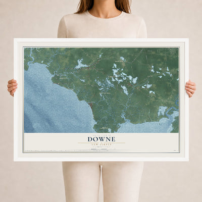 Downe, New Jersey map print, 24" x 36" W/ White Ayous Wood Frame mockup