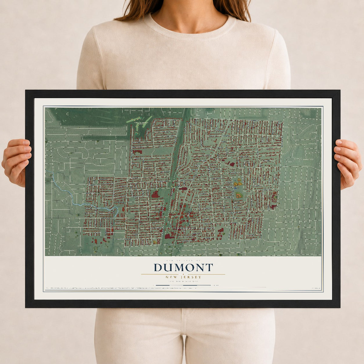 Dumont, New Jersey map print, 12" x 18" W/ Black Ayous Wood Frame mockup