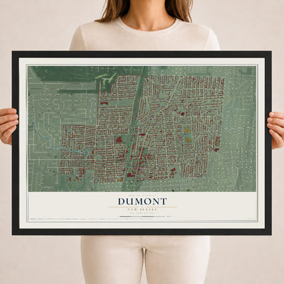 Dumont, New Jersey map print, 18" x 24" W/ Black Ayous Wood Frame mockup