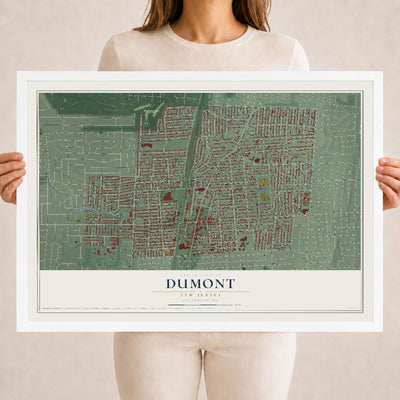Dumont, New Jersey map print, 18" x 24" W/ White Ayous Wood Frame mockup