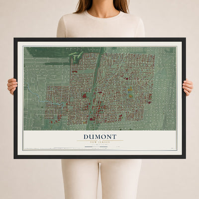 Dumont, New Jersey map print, 24" x 36" W/ Black Ayous Wood Frame mockup