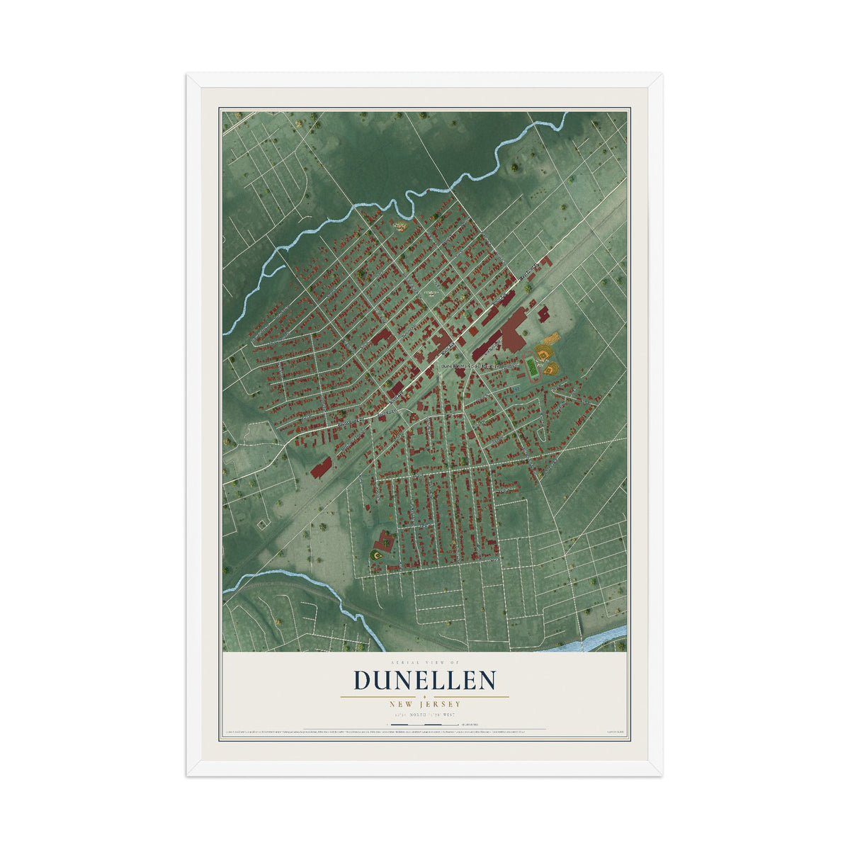Dunellen, New Jersey map print, 12" x 18" W/ White Ayous Wood Frame mockup