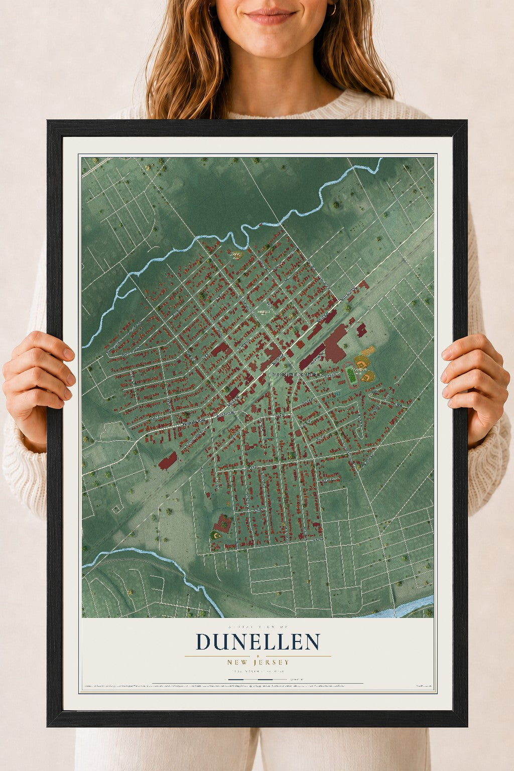 Dunellen, New Jersey map print, 18" x 24" W/ Black Ayous Wood Frame mockup