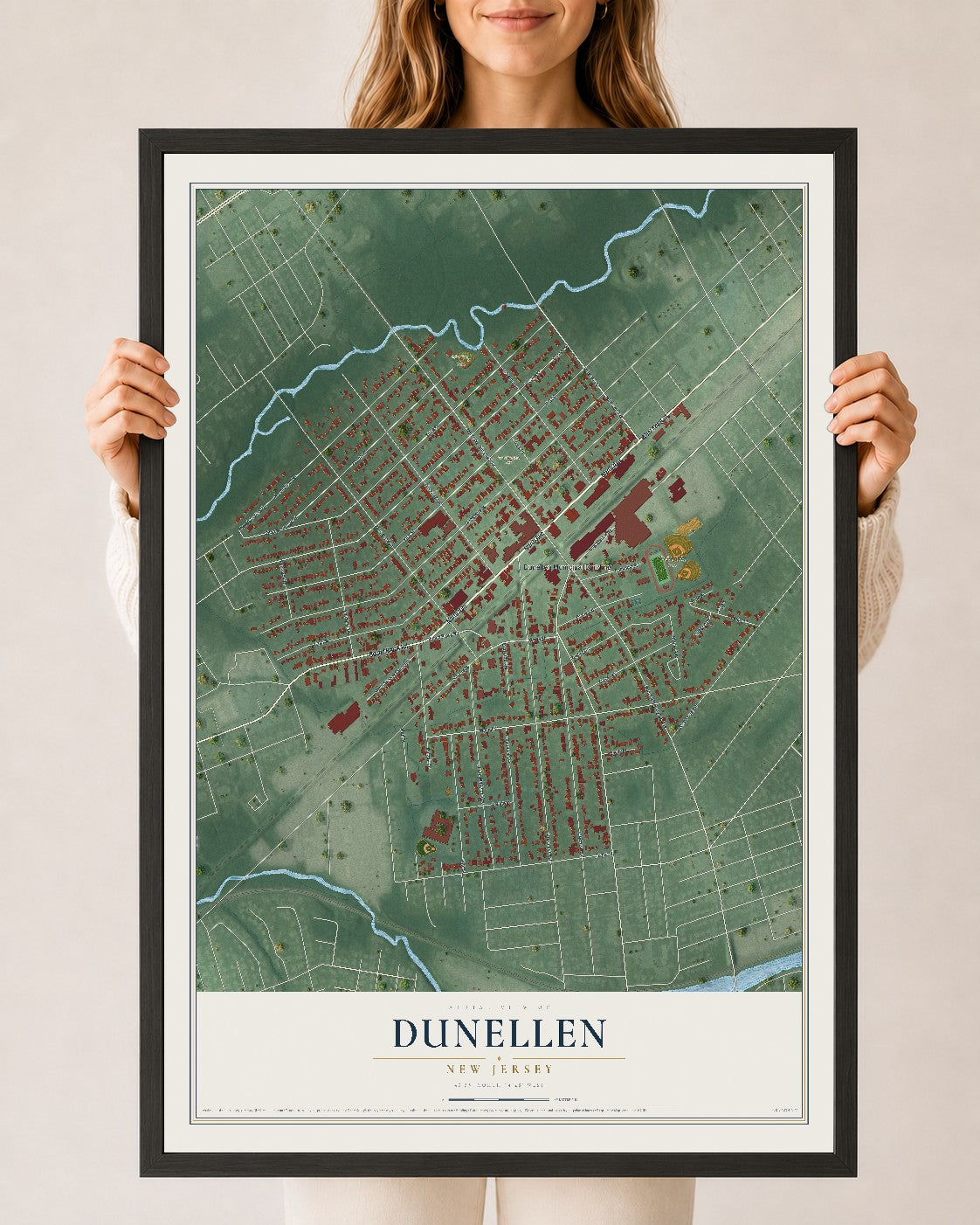 Dunellen, New Jersey map print, 24" x 36" W/ Black Ayous Wood Frame mockup
