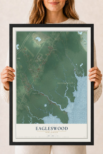 Eagleswood, New Jersey map print, 18" x 24" W/ Black Ayous Wood Frame mockup