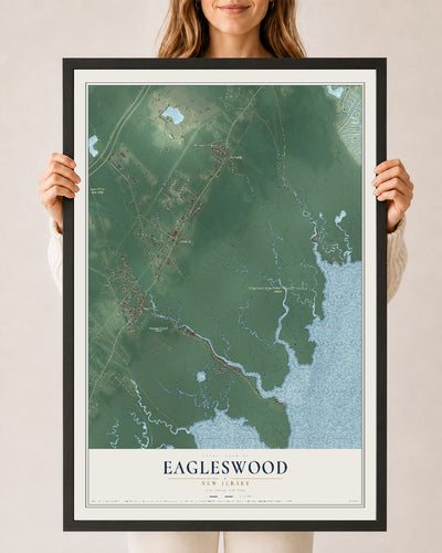 Eagleswood, New Jersey map print, 24" x 36" W/ Black Ayous Wood Frame mockup